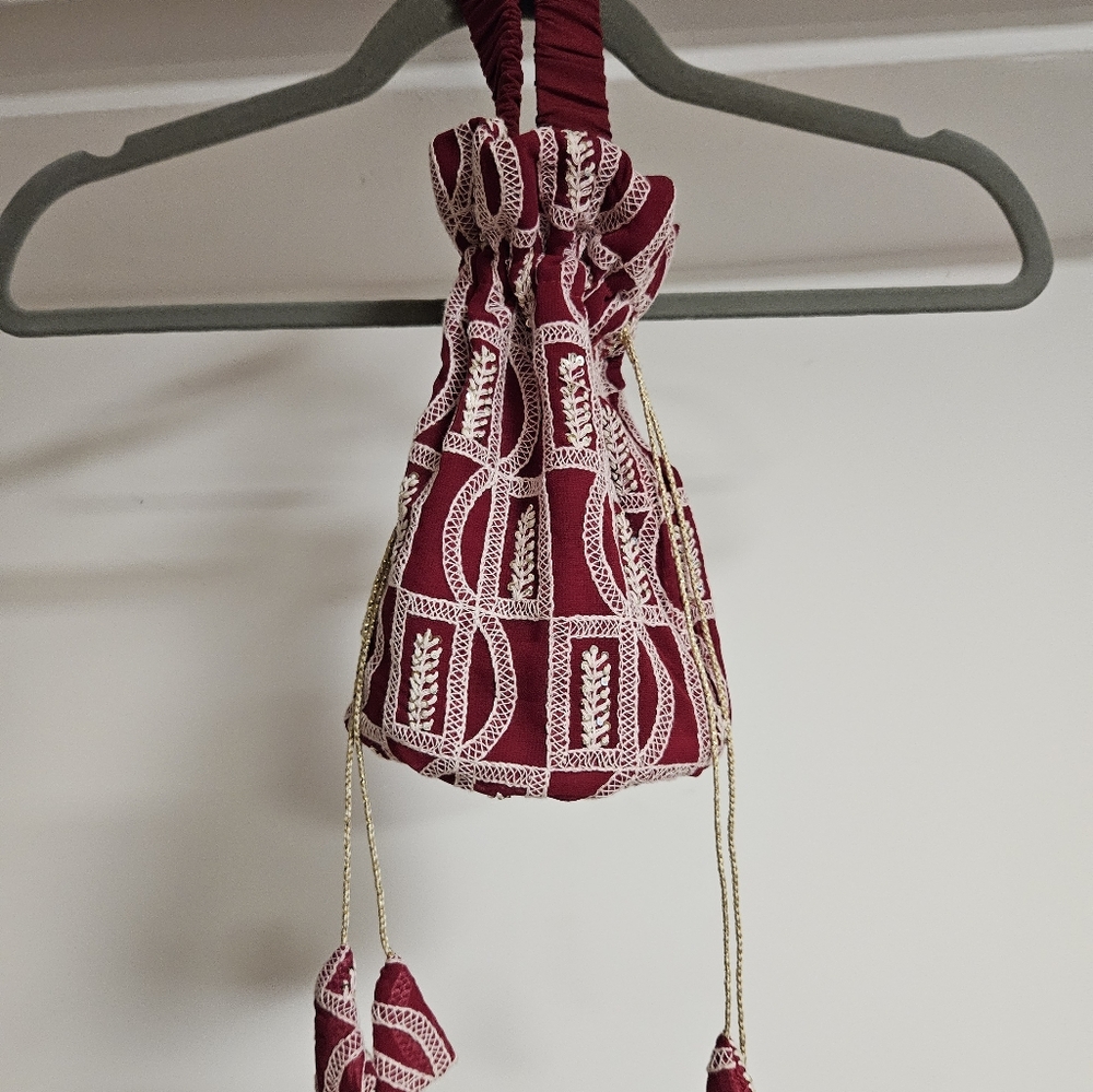 Indian Georgette Embroidered Red Drawstring Polti Bag / Purse / Clutch